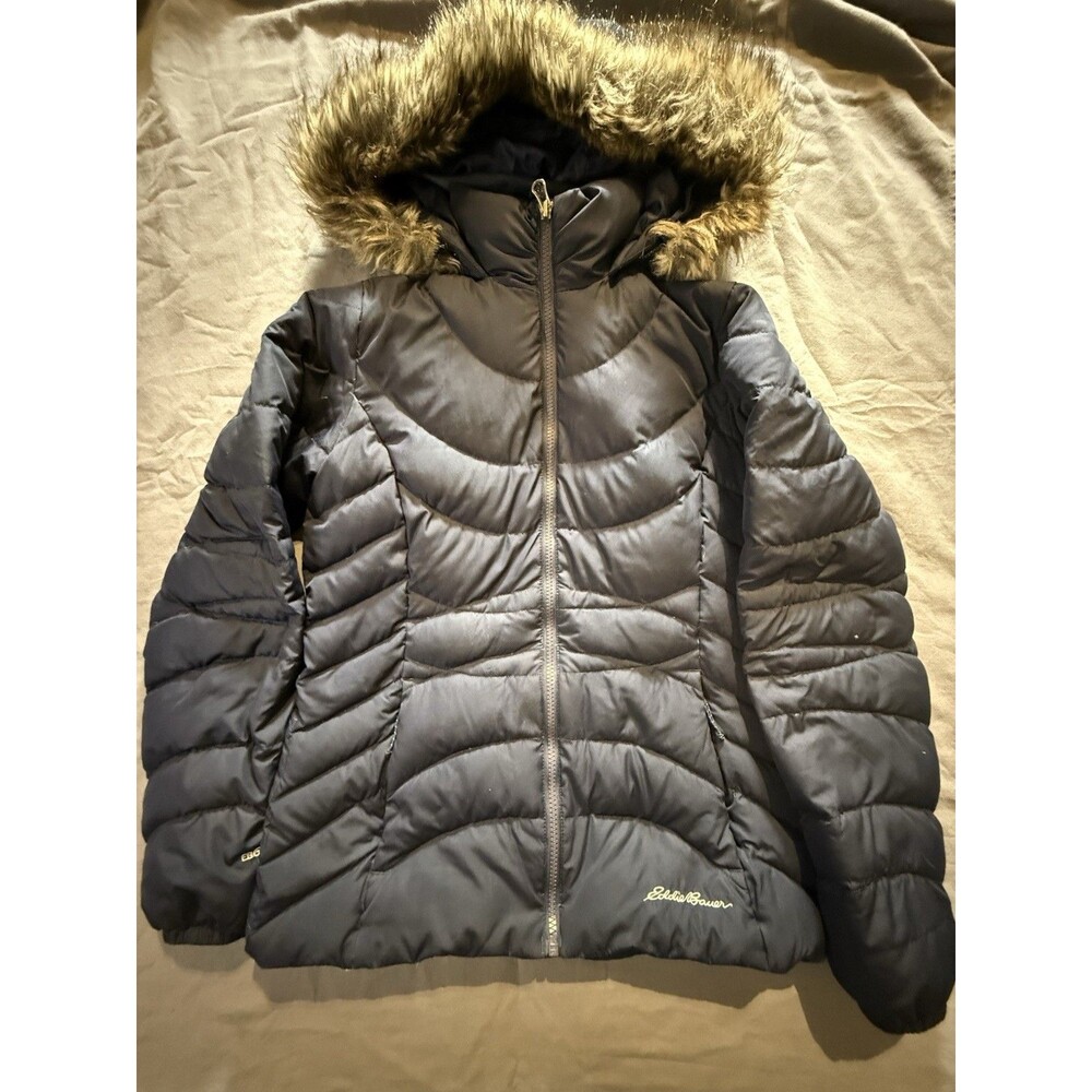 Eddie Bauer EB650 Women's XS Blue  Quilted Down Puffer Jacket Faux Fur Hood